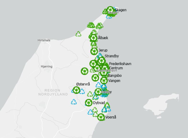 Kort over genbrugspladser i Frederikshavn Kommune