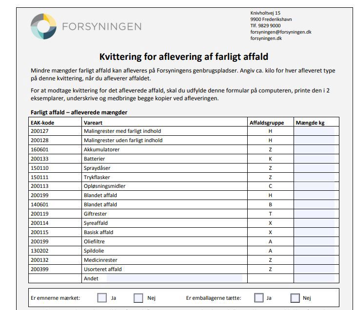 Kvittering for aflevering af farligt affald
